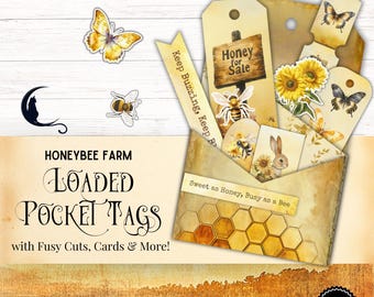 Honeybee Farm Loaded Pocket Tags, Printable Junk Journal Ephemera, Fussy Cuts Vintage Rustic Nature Scrapbook Supplies Sunflowers Bees Honey