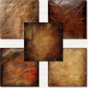 May include: A collection of five square leather textures in various shades of brown. The textures include distressed, wrinkled, and smooth surfaces, with visible stitching and natural variations. The arrangement is set against a white wooden background.