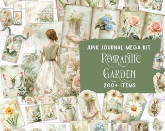 Romantic Garden Junk Journal Kit, Printable Folio Kit, Vintage Botanical Ephemera, Shabby Chic Sage Green, Seasonal Floral Scrapbook Paper