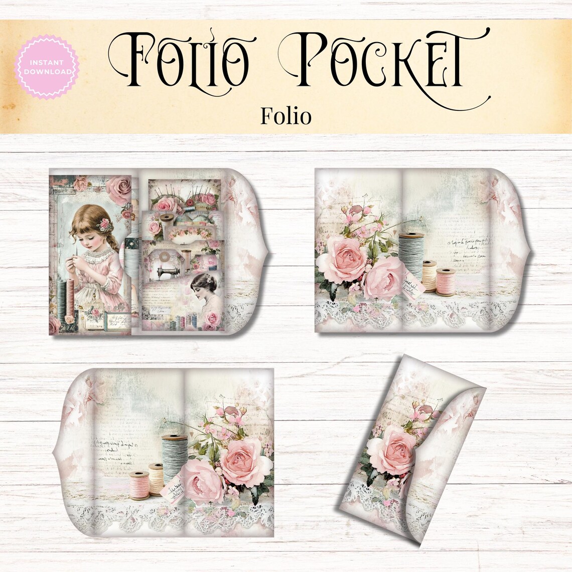 Romantic Sewing Folio Kit, Shabby Chic Lace Junk Journal, Printable ...