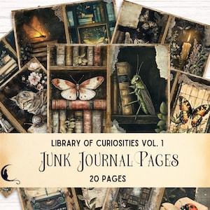 Könnte beinhalten: Ein Satz von 20 digitalen Junk Journal Seiten mit Vintage-inspirierten Bildern von Büchern, Schmetterlingen, Insekten und anderen Kuriositäten. Die Seiten sind perfekt zum Hinzufügen zu Ihrem eigenen Junk Journal oder zum Scrapbooking, Kartenbasteln oder anderen Papierarbeiten.  Library of Curiosities Vol. 1 Junk Journal Pages 20 Pages