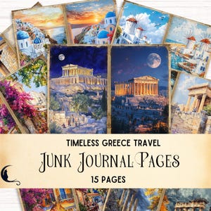 Griekenland Junk Journal Kit, zomerreizen ephemera, afdrukbare Griekse reispagina's, vintage digitale plakboekvoorraad, Santorini, Athene, Mykonos