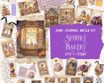 May include: A junk journal mega kit featuring 270+ items with a spooky bakery theme. The collection includes paper tags, cards, and illustrations of ghosts, witches, pumpkins, and various baked goods, all displayed on a white wooden surface.
