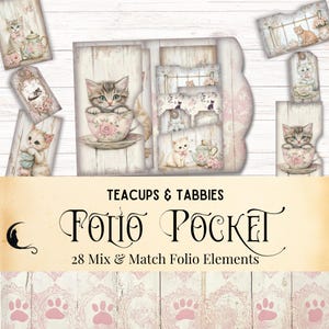 Kit de diário de chá Shabby Chic Cat Teatime Junk, álbum de recortes vintage de xícaras de chá e gatos, itens de bolso para impressão, materiais de artesanato fofos e extravagantes