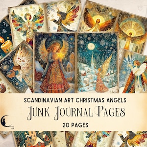 Pagine di diario natalizio scandinavo, carta per scrapbooking digitale con arte popolare, carta per creazioni artistiche popolari svedesi, angeli effimeri
