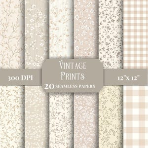 Puede incluir: Una colección de 20 papeles de impresión vintage sin costuras, cada uno de 30,48 cm x 30,48 cm, con varios diseños florales y estampados en tonos beige, crema y marrón. La imagen incluye el texto "Vintage Prints" y "300 DPI".