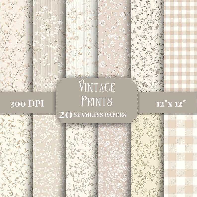Beige Vintage Prints Digital Paper Pack, Seamless Patterns for ...