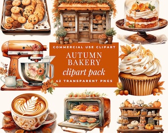 Clipart de panadería de otoño, PNG para amantes del café, golosinas de otoño, clipart de pastel de calabaza en acuarela, acuarela de Acción de Gracias, PNG de uso comercial