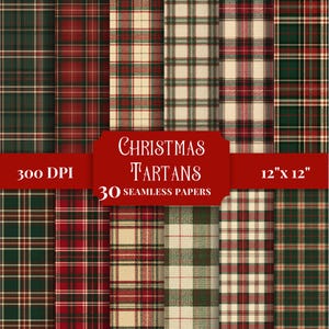 May include: A collection of 30 seamless digital papers featuring various Christmas tartan plaid patterns in red, green, and cream. A red label in the center displays the text: Christmas Tartans, 30 seamless papers, 300 DPI, 12" x 12".