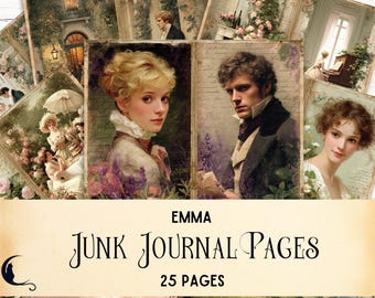 Jane Austen Junk Journal Kit, Digital Printable Pages, Emma Ephemera, Romantic Regency Revival Historical DIY Scrapbook Paper Craft Supplies