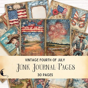 Vintage Fourth of July Junk Journal, Printable Patriotic Ephemera, Americana Red White and Blue Scrapbook Supplies, Digital USA Paper Crafts