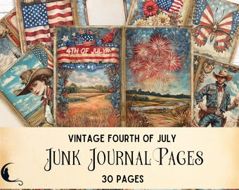 Vintage Fourth of July Junk Journal, Printable Patriotic Ephemera, Americana Red White and Blue Scrapbook Supplies, Digital USA Paper Crafts