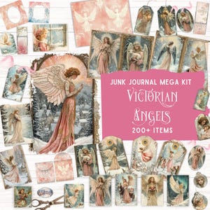 May include: A collection of Victorian Angels themed ephemera for junk journaling. The kit includes tags, cards, and decorative papers with angel illustrations in soft pinks, blues, and creams. The text "Junk Journal Mega Kit Victorian Angels 200+ Items" is visible.