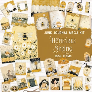 Honeybee Spring Junk Journal Kit, Printable Folio Pocket, Vintage Bee Ephemera, Bee Collage Digital Paper Rustic Nature Floral DIY Scrapbook