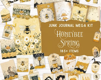 Honeybee Spring Junk Journal Kit, Printable Folio Pocket, Vintage Bee Ephemera, Bee Collage Digital Paper Rustic Nature Floral DIY Scrapbook