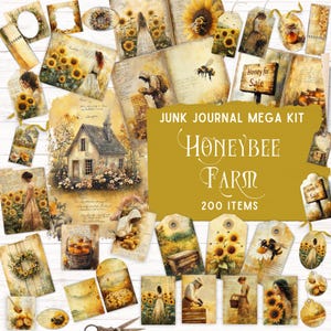 Honey Bee Farm Junk Journal Kit, afdrukbare foliokit, vintage zonnebloem ephemera, bijenteelt digitaal papier, rustiek landelijk natuur plakboek