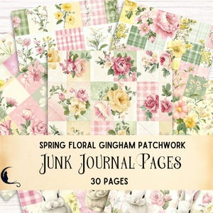 Vårblommigt tartan gingham-lapptäcke med collage, skräpjournalsidor, blommigt quiltmönster, vintage-ephemera, shabby chic-papper, rosa gul scrapbooking