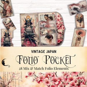 Diario basura vintage japonés, efímera de bolsillo tríptico de samuráis japoneses, kit de bricolaje con motivos de flores de cerezo, papel vintage Sakura, manualidades con papel