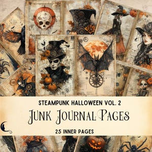 Páginas de diário de Halloween com tema gótico steampunk, papéis digitais exclusivos de bruxaria, itens imprimíveis para artesanato de Halloween, scrapbooking digital