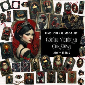 Kit de carnet de voyage gothique de Noël, éphémères sombres des fêtes de l'époque victorienne vintage, folio pliant, fournitures d'artisanat de vacances, kit de scrapbooking numérique