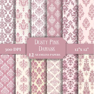 May include: Twelve seamless digital papers featuring a dusty pink damask pattern. The papers are 12 inches by 12 inches and 300 DPI.