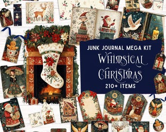 May include: A Junk Journal Mega Kit Whimsical Christmas collection featuring 210+ items including decorative tags, cards, and paper sheets with illustrations of Santa, reindeer, gingerbread, angels, and a fireplace with a Christmas stocking.