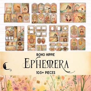 Kit de diario basura bohemio hippie, kit de efímeras de chica hippie retro, kit de álbum de recortes colorido y caprichoso, suministros para manualidades de chica peculiar de los años 60