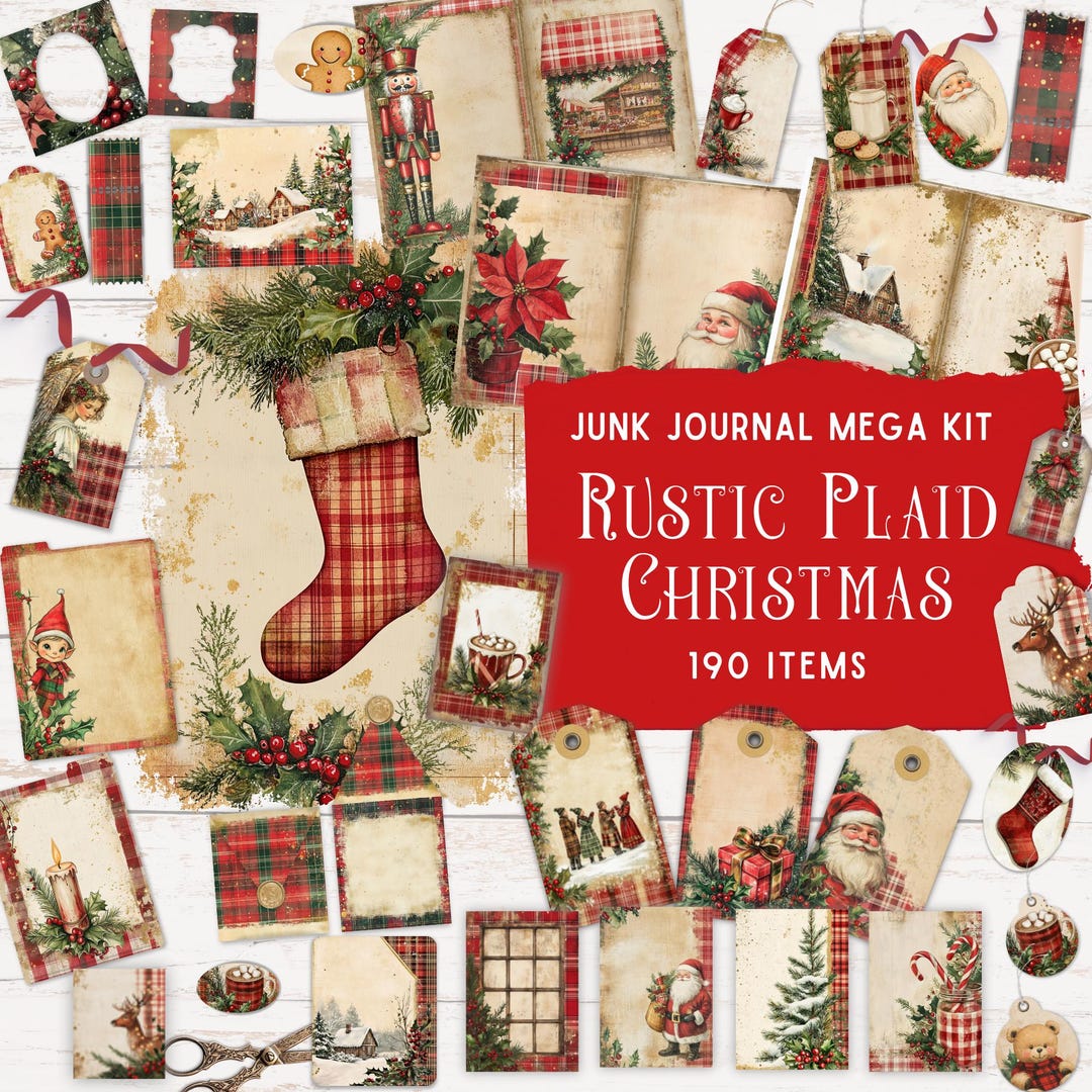 Rustic Plaid Christmas Junk Journal Kit, Tartan Christmas, Paper Craft ...