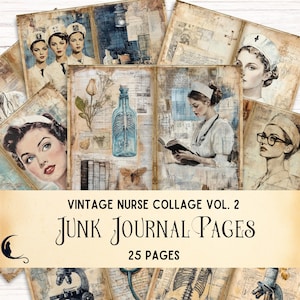 Nurse Junk Journal, vintage verpleegkundige efemere verschijnselen, digitale collage, medische plakboekkit, afdrukbaar digitaal papier, mixed mediakunst, papierkunst