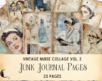 May include: A collection of vintage-style collage sheets featuring illustrations of nurses in caps, medical diagrams, anatomical sketches, and botanical elements. The pages include text overlays, blue glass bottles, and books on a distressed paper background.