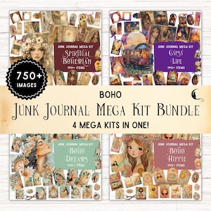 Kit de diario basura bohemio, papeles digitales para álbumes de recortes de estilo hippie, efímeras de bolsillo estilo folio gitano, suministros únicos y extravagantes para manualidades.