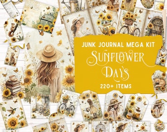 May include: A junk journal mega kit titled Sunflower Days with 220+ items featuring illustrations of sunflowers, people in hats, bicycles, birds, butterflies, and vintage-style ephemera tags, cards, and papers in shades of yellow, brown, and cream.