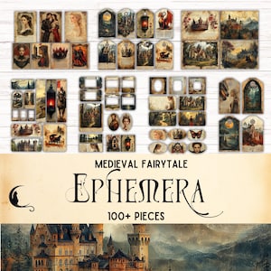 Efemere kit voor middeleeuws sprookjesjunkjournaal, Afdrukbare kortstondige voorwerpen, vintage fantasieverschijnselen, Castlecore, Paper Crafts, plakboektags, plakboektags