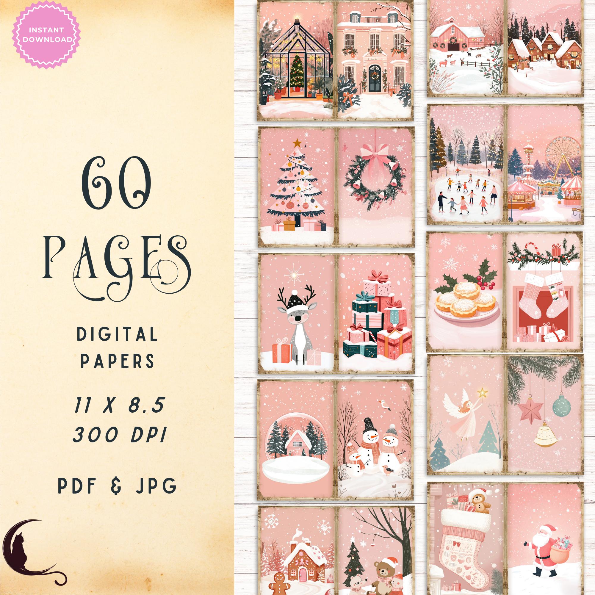 Pink Christmas Junk Journal Kit, Whimsical Printable Folio Pocket