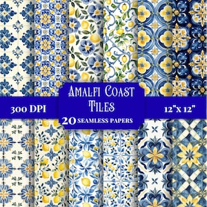May include: A collection of 20 seamless papers featuring Amalfi Coast tile designs. The patterns include blue and yellow floral and lemon motifs. The papers are 12" x 12" and 300 DPI. The text on the image reads "Amalfi Coast Tiles".