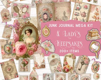 May include: A junk journal mega kit titled A Lady's Keepsakes with 200+ items featuring vintage-style paper ephemera, floral patterns, roses, portraits of women, hand mirrors, fans, tags, and ornate frames in shades of pink, cream, and beige.