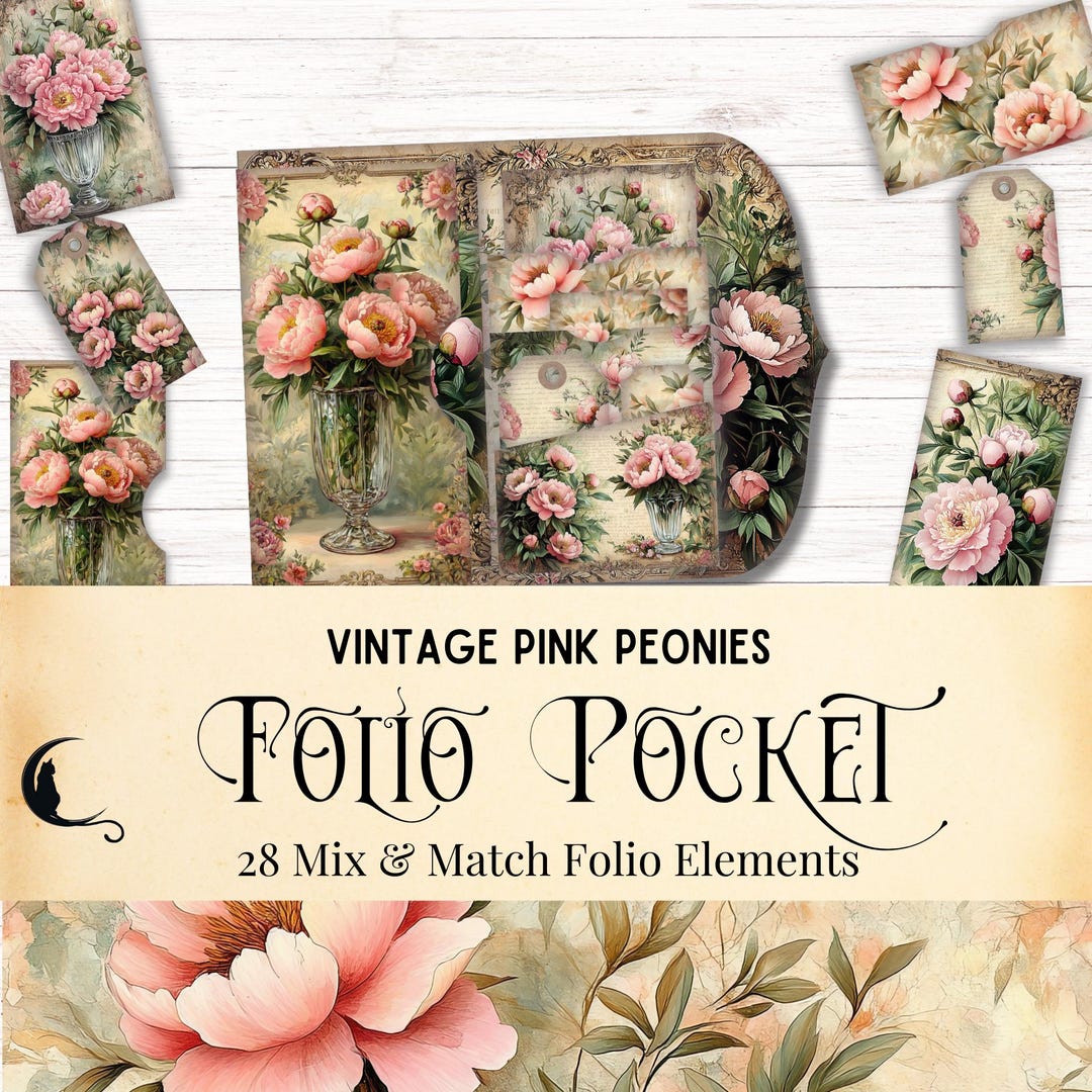 Vintage Peony Folio Kit, Shabby Chic Junk Journal, Floral Ephemera ...