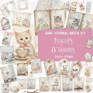 Kit de journal indésirable pour l'heure du thé chats shabby chic, folio imprimable, éphémères fantaisistes mignons, papier numérique vintage tea party bricolage fournitures de scrapbooking