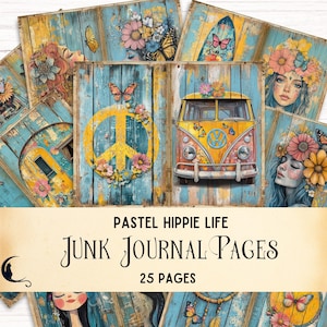Kit diario spazzatura hippie pastello, collage di tecniche miste stravaganti, scrapbooking, ragazza eccentrica, carta digitale colorata, effimera ragazza hippie retrò