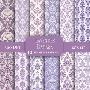 Seamless Lavender Damask Digital Paper, Stylish Vintage Victorian Patterns for Scrapbooking, Chic Floral Backgrounds, Craft Supplies JPG