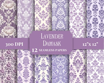 Seamless Lavender Damask Digital Paper, Stylish Vintage Victorian Patterns for Scrapbooking, Chic Floral Backgrounds, Craft Supplies JPG