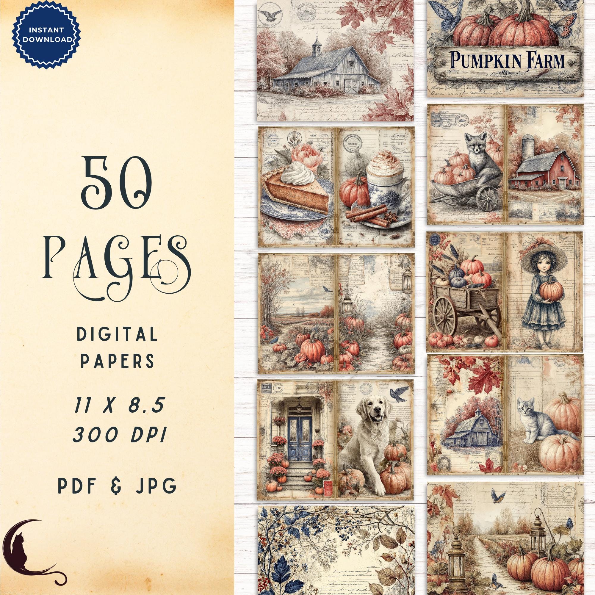 Antique Pumpkin Patch Junk Journal Kit, Printable Folio Pocket, Vintage ...