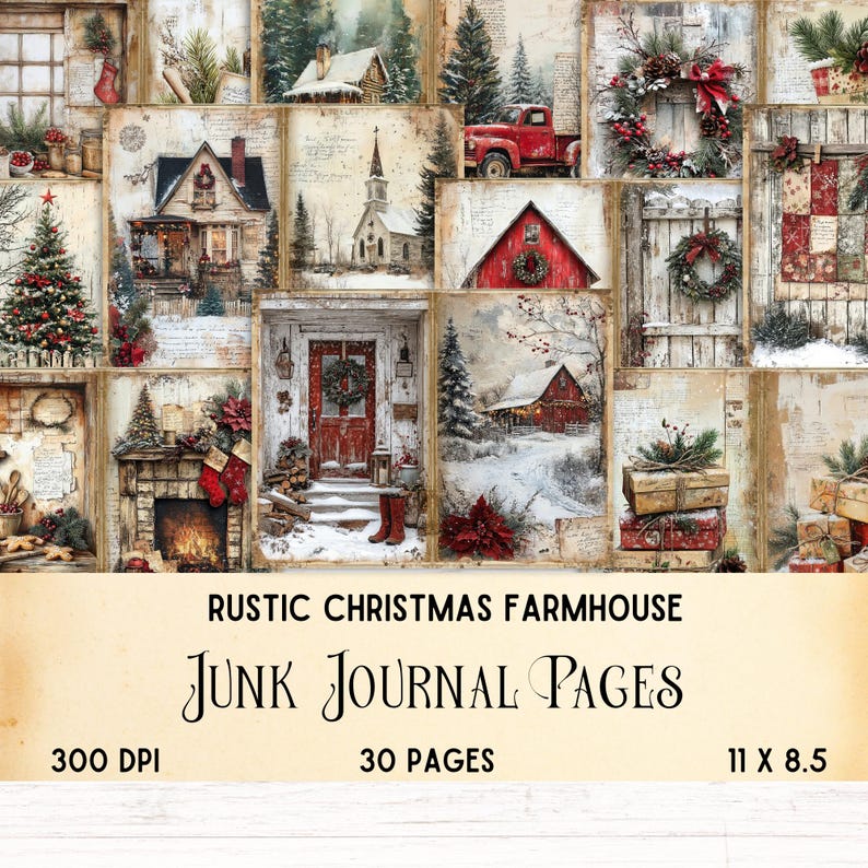 Rustic Christmas Farmhouse Junk Journal Pages, Vintage Holiday ...