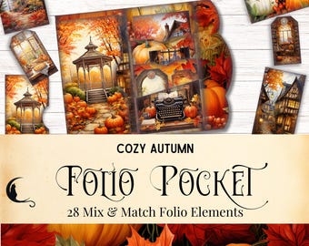 Cozy Autumn Junk Journal Folding Folio Kit, Printable Pocket Ephemera, Vintage Fall Scrapbook Supplies