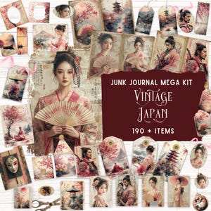 Kit de journal indésirable vintage du Japon, pages de scrapbooking japonais, éphémères de samouraï, papier numérique fleurs de cerisier, fournitures de création uniques Sakura