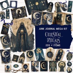 Puede incluir: Una colección de efímeras de diario basura con temática celestial. El kit incluye etiquetas, tarjetas y elementos decorativos con ilustraciones de lunas, estrellas y figuras en tonos azul oscuro, dorado y crema. Se muestra el texto "Celestial Rituals".