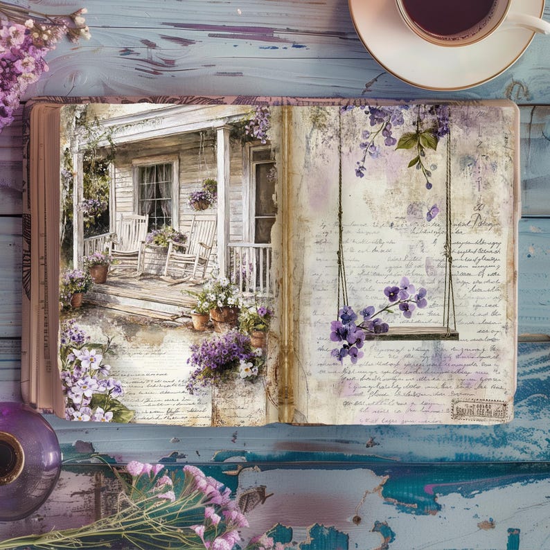 Shabby Chic Violets Junk Journal Pages, Vintage Floral Ephemera ...