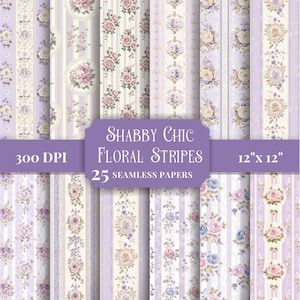 Könnte beinhalten: Eine Sammlung nahtloser Papiere mit Shabby Chic-Blumenstreifen. Die Papiere zeigen verschiedene Designs mit Rosen und Streifen in Lavendel-, Creme- und Rosatönen. Der Text auf dem Bild lautet "Shabby Chic Floral Stripes 25 Seamless Papers 12" x 12" 300 DPI" (30,48 cm x 30,48 cm).