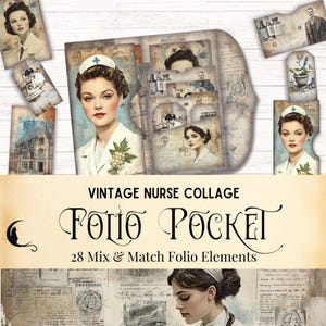 Kit de diario basura con collage de enfermeras vintage, kit de álbum de recortes médicos, bolsillo digital tipo folio, etiquetas efímeras, técnica mixta, manualidades con papel