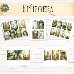 May include: A digital collection of printable ephemera featuring woodland scenes with rabbits, mice, and owls in forest settings. The sheets include rectangular cards and gift tags with soft, muted green and brown watercolor illustrations.